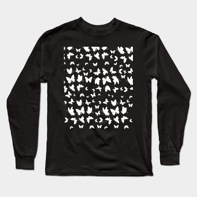 Butterfly Pattern - Black And White Outline Long Sleeve T-Shirt by Double E Design